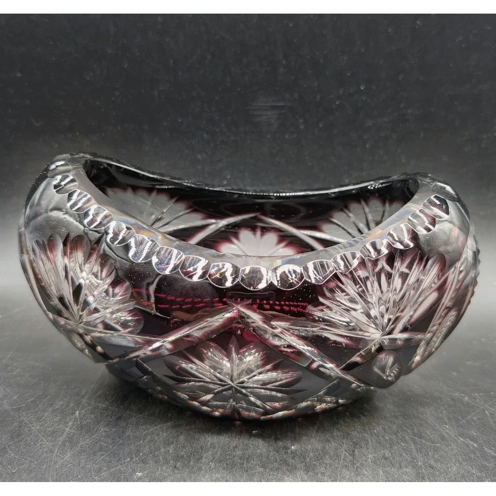 Amethyst Purple Cut to Clear Crystal Oval Bowl Scalloped Starburst Floral 7